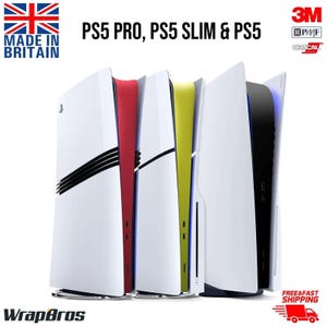 May include: Three PlayStation 5 consoles in different colors: white, red, and yellow. The consoles are arranged side-by-side, with the white console in the front. The text "PS5 PRO, PS5 SLIM & PS5" is displayed above the consoles.