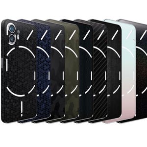 May include: A collection of phone cases in various designs, including black textured, navy blue, camouflage, and carbon fiber patterns. Each case features a white circular design with a line and a camera cutout.