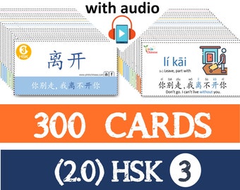 Serious HSK3 flashcards (300 HSK3 words+ sentences/color coded/double sizes) Chinese Flashcard PDF/digital download