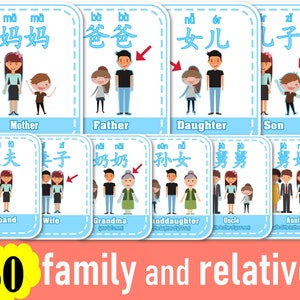 Lernkarten mit 50 Wörtern FAMILIE und Verwandte auf Chinesisch (PDF digitaler Download)