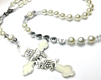 Beautiful pearl chalice girls first communion rosary personalized name