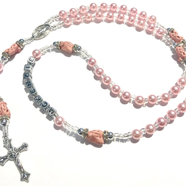 Pink Ballet Dance girls rosary with name first communion