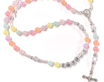 Rainbow bubble girls first communion rosary personalized name