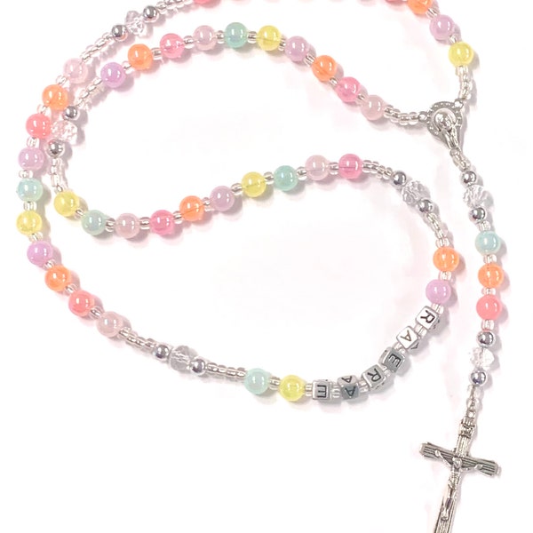 Rainbow bubble girls first communion rosary personalized name