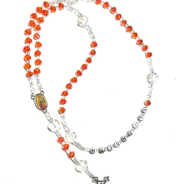 Girls Orange crystal rose rosary for  First Communion or baptism personalized name rosary