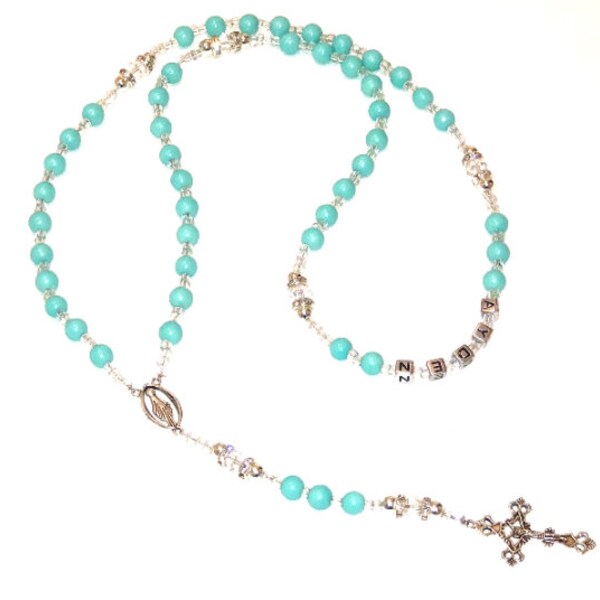 Teal Aqua blue Girls First Communion or baptism personalized name rosary pearls