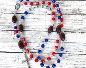Football rosary personalized red and blue for first communion and baptism
