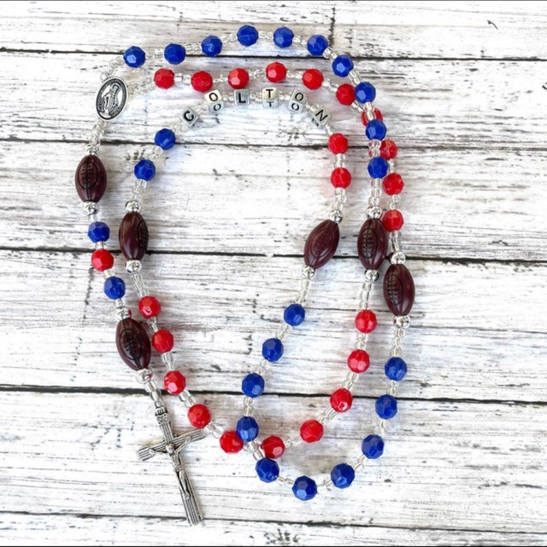 Football rosary personalized red and blue for first communion and baptism image 1