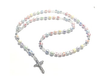 Kids rainbow rosary with Personalized name and cross beads for baptism or first communion