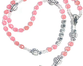 Personalized name rosary girls pink volleyball rosary