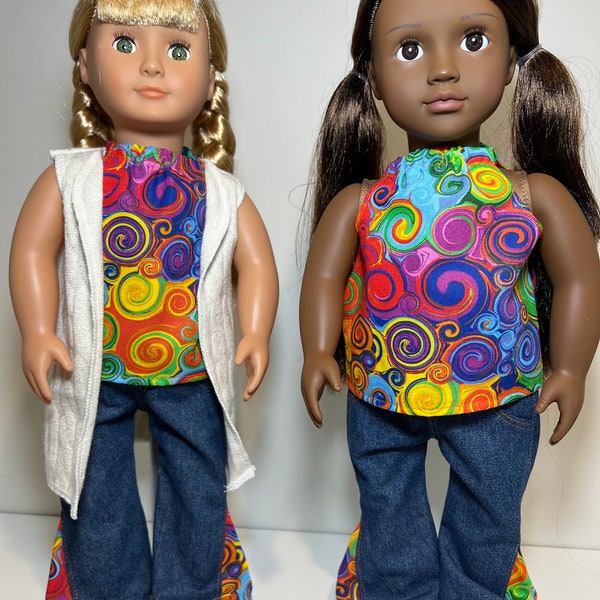 Bell Bottom Blue Jeans pants with add print fabric and a matching halter top -Fits American Girl Dolls and Other 18" dolls