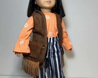 70's Bell Botttom pants with orange long sleeve daisy top. Add a vest and a purse- Fits American Girl dolls and 18' doll