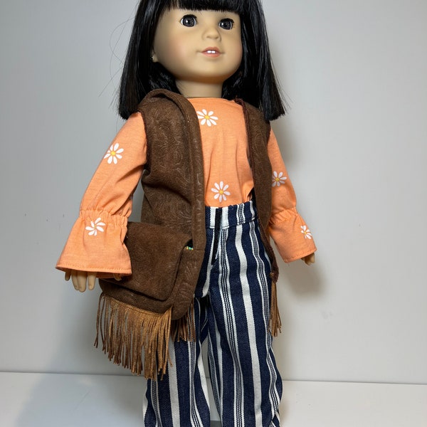 70's Bell Botttom pants with orange long sleeve daisy top. Add a vest and a purse- Fits American Girl dolls and 18' doll