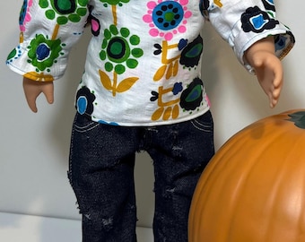 Handmade Doll Outfit: Floral Blouse & Ripped Jeans - Fits 18" American Girl Dolls