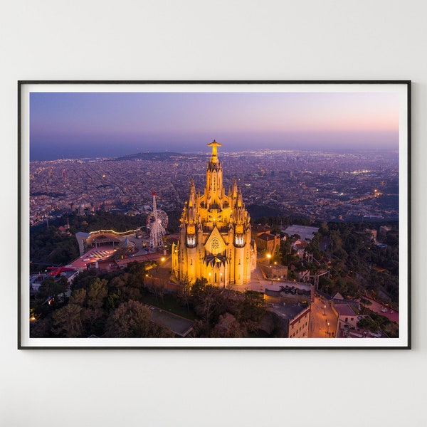 Barcelona tibidabo Photo Print, Aerial Poster, Wall Art from Barcelona, Catalonia, Spain