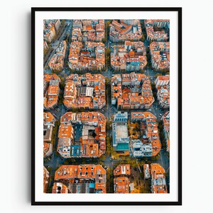 Barcelona Eixample Aerial Photo Print, Red Rooftops Geometric Cityscape Wall Art Poster