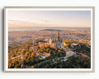 Tibidabo Barcelona Print, Gaudi Art, Barcelona Sunrise City Poster, Catalonia Travel Art, Aerial Photography, Travel Gift