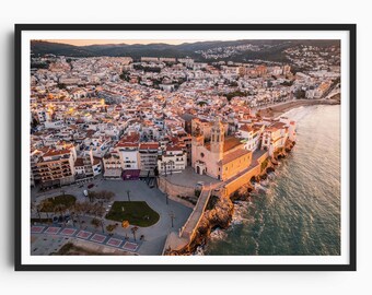 Sitges Wall Art, Sitges Print, Travel Poster, Travel Poster, Spain Art, Catalonia, Spain, Aerial Photography, Mediterranean Sea