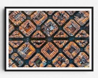 Barcelona Luftbild Fotodruck, Sonnenaufgang Stadtbild, Barcelona Wandkunst, Eixample Urban Grid, Barcelona Architektur, Barcelona Symmetrie