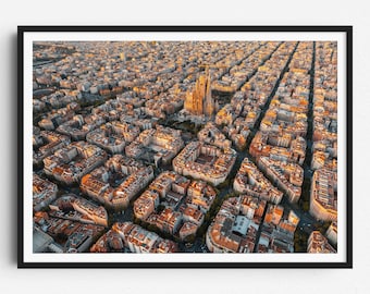 Luchtfoto van Barcelona afdrukken, kunst aan de muur van Barcelona, poster van Barcelona, foto van Barcelona, Sagrada Familia-kunst, Gaudi, decor van Barcelona, Spanje