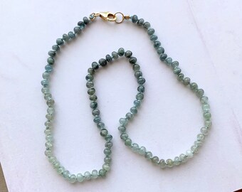 Beryl Gemstone Beaded Necklace - 16&quot; Bright Blue, White Smooth Rondelle Beads, Silk Knotted Handmade, Gold Filled Findings & Lobster Clasp