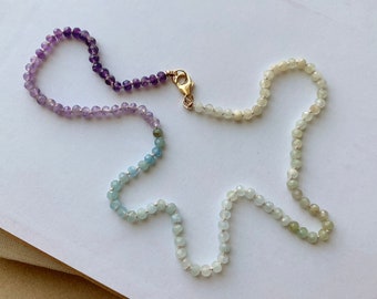 Amethyst Morganite Gemstone Beaded Knotted Necklace - Ombre Rainbow Amethyst, Blue Green Morganite, 14K Gold Filled Findings, 17 1/4 in&quot;