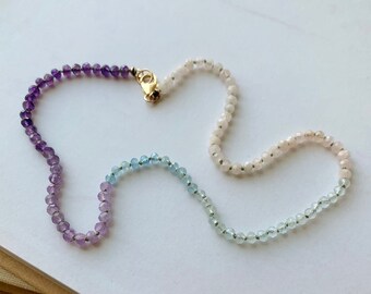 Mini Mix Gemstone Beaded Necklace - 15 1/4&quot;  Purple Amethyst Blue Aquamarine Pink Morganite Beads, 14K Gold Filled Findings, Choker Handmade