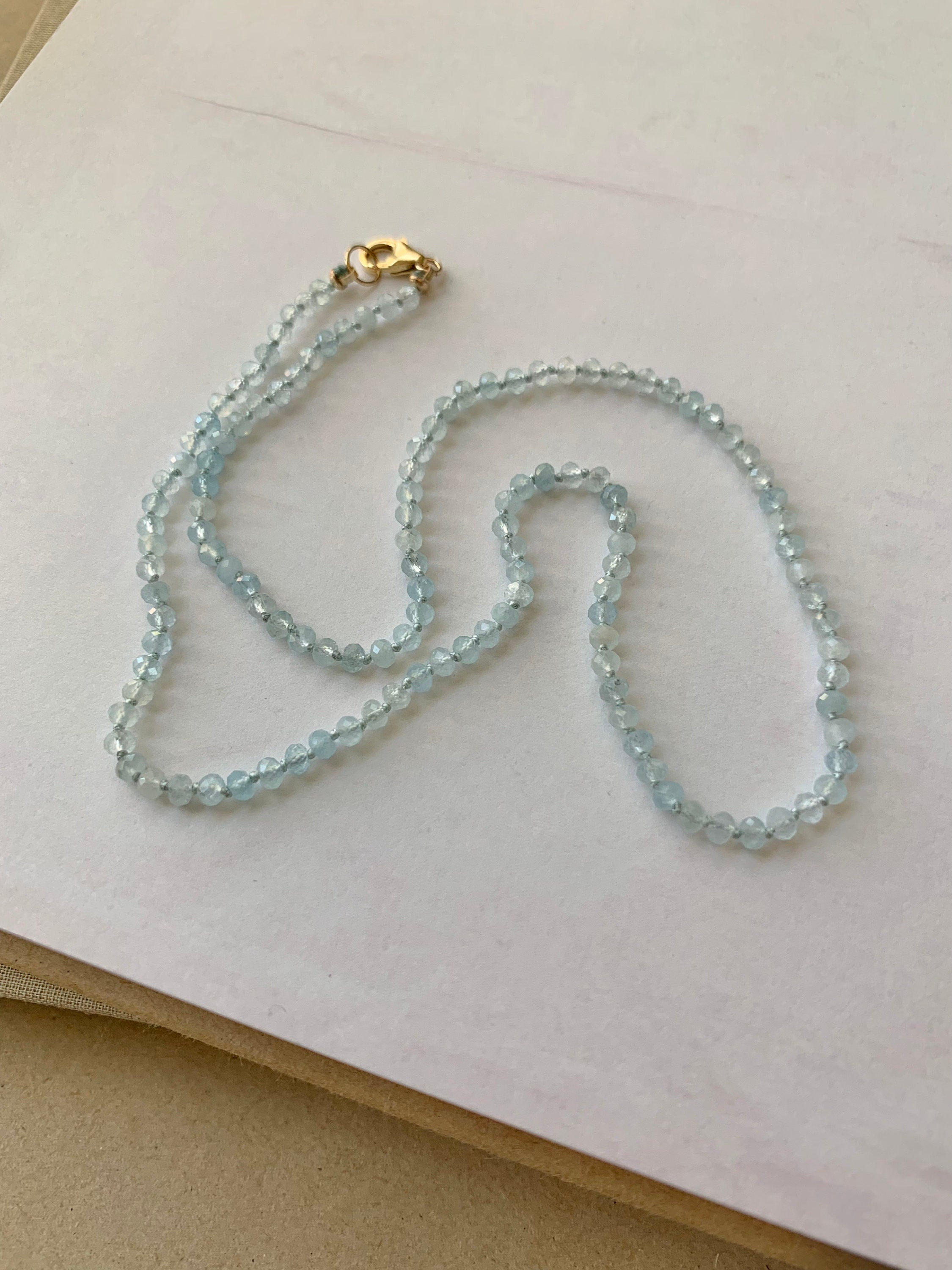 Aquamarine Gemstone Beaded Necklace - Light Blue Natural Faceted Mini Gemstone Silk Knotted Necklace, 14K Gold Filled Findings/Clasp, 18 in"