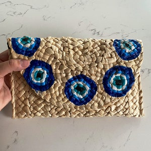 Hand-Painted Evil Eye Straw Clutch: Summer Vacation Bag