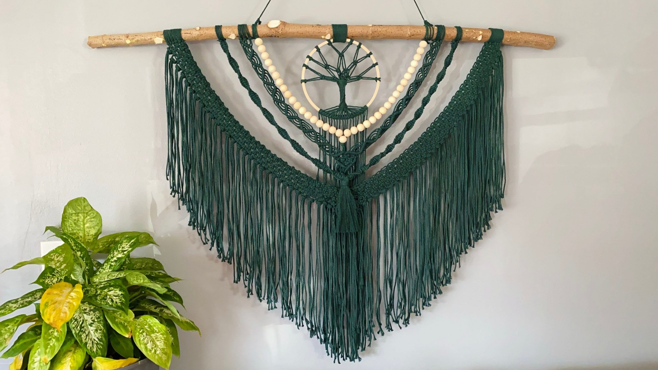Tree of Life Macrame Wall Hanging: Green Cotton, Bohemian Home Decor