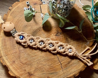 Macrame Evil eye Name Pacifier Clip, handmade evil eye baby shower gift, Pacifier Clips