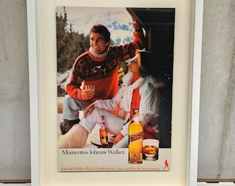 Handmade wooden frame with Johnnie Walker Red Label advertisement