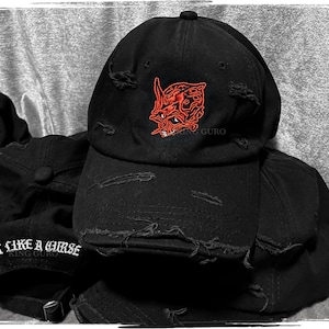 King Guro: Cursed Hat | Embroidered Red Demon Skull Distressed Ball Cap