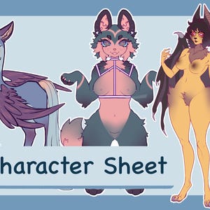 May include: Character sheet featuring three cartoon characters. A blue and purple winged creature, a blue and pink furry creature wearing a pink harness, and a yellow bat-like creature with black wings.