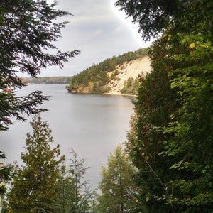 May include: A view of a lake with a sandy shore and a woodland on the opposite side. The lake is surrounded by trees, and the sky is overcast.
