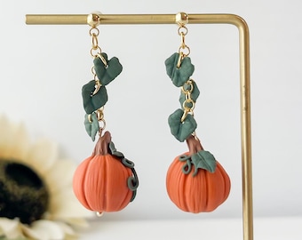 Polymer Clay Pumpkin Earrings, Gold Dangle, Fall Autumn Jewelry, Clip On Option