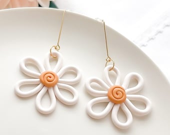 Daisy earrings dangle, white flower earrings, whimsical earrings gold, jewelry gift for her, floral clip on earrings, unique gifts for women