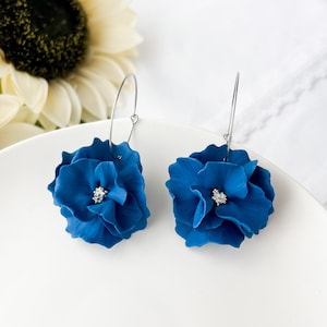 Indigo Blue Flower Earrings, Navy Bridal Jewelry, Surgical Steel, Clip On Available