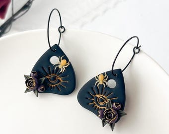 Ouija Planchette Dangle Earrings, Floral Spider, Witchy Cottagecore