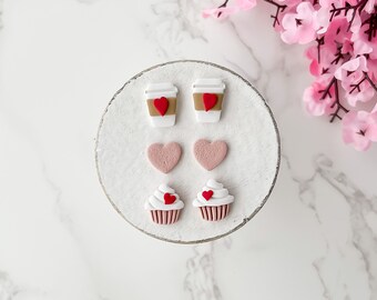 Valentines earrings clay, blush pink heart earrings stud, Valentines Day gift for daughter, cute earrings set, Valentine cupcake earrings