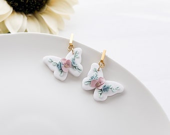 White butterfly earrings clay, butterfly gifts for mom, best friend birthday gift for her, boho earrings handmade, artisan earrings unique