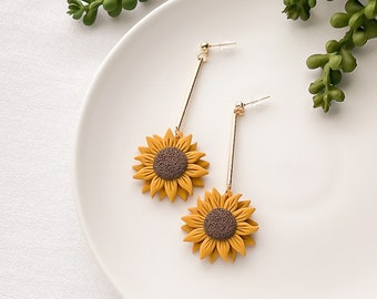 Sunflower earrings clay, cottagecore earrings dangle, sunflower gifts for mom, plant mom gifts, clip on earrings, nickel free earrings,