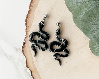 black snake earrings clay, sister birthday gift for her unique gifts boho chic jewelry, marble clay earrings, serpent earrings, statement