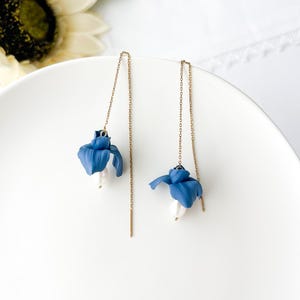 Blue Flower Threader Earrings With Pearl: Hypoallergenic Cottagecore Jewelry,  Polymer Clay Floral Accessories