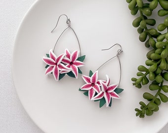 Stargazer lily earrings clay, cottagecore earrings dangle, flower gifts for mom, boho earrings handmade, 5th anniversary gifts for wife,