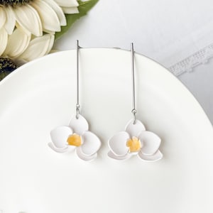 White orchid flower earrings for women, tropical jewelry earrings dangle, floral clip on earrings, best friend birthday gifts for her,