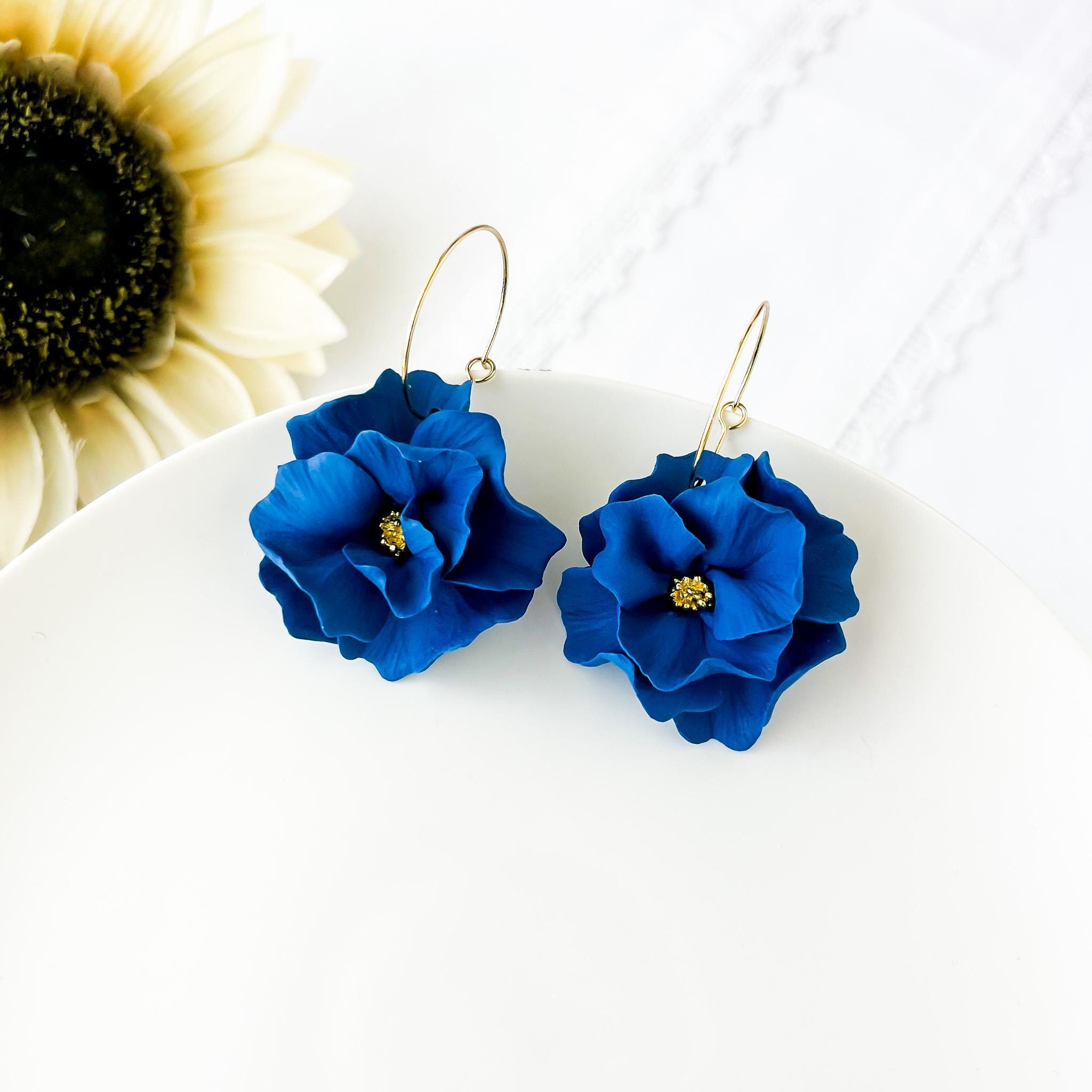 Indigo Blue Large Flower Earrings: Lightweight Polymer Clay Dangle Jewelry, Clip-On Earrings Option