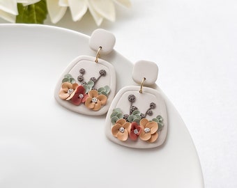 Fall floral earrings, cottagecore earrings dangle, unique gifts for mom, boho earrings clay, nickel free earrings, floral clip on earrings