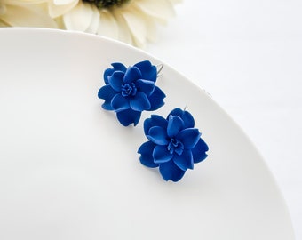 Indigo blue earrings, navy blue bridesmaid earrings gift, botanical jewelry earrings silver, flower earrings clay, unique Christmas gift