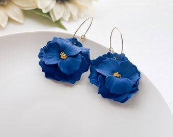 Indigo blue earrings for women, navy blue bridesmaid earrings gold, botanical jewelry earrings dangle, flower earrings clay, plant mom gift